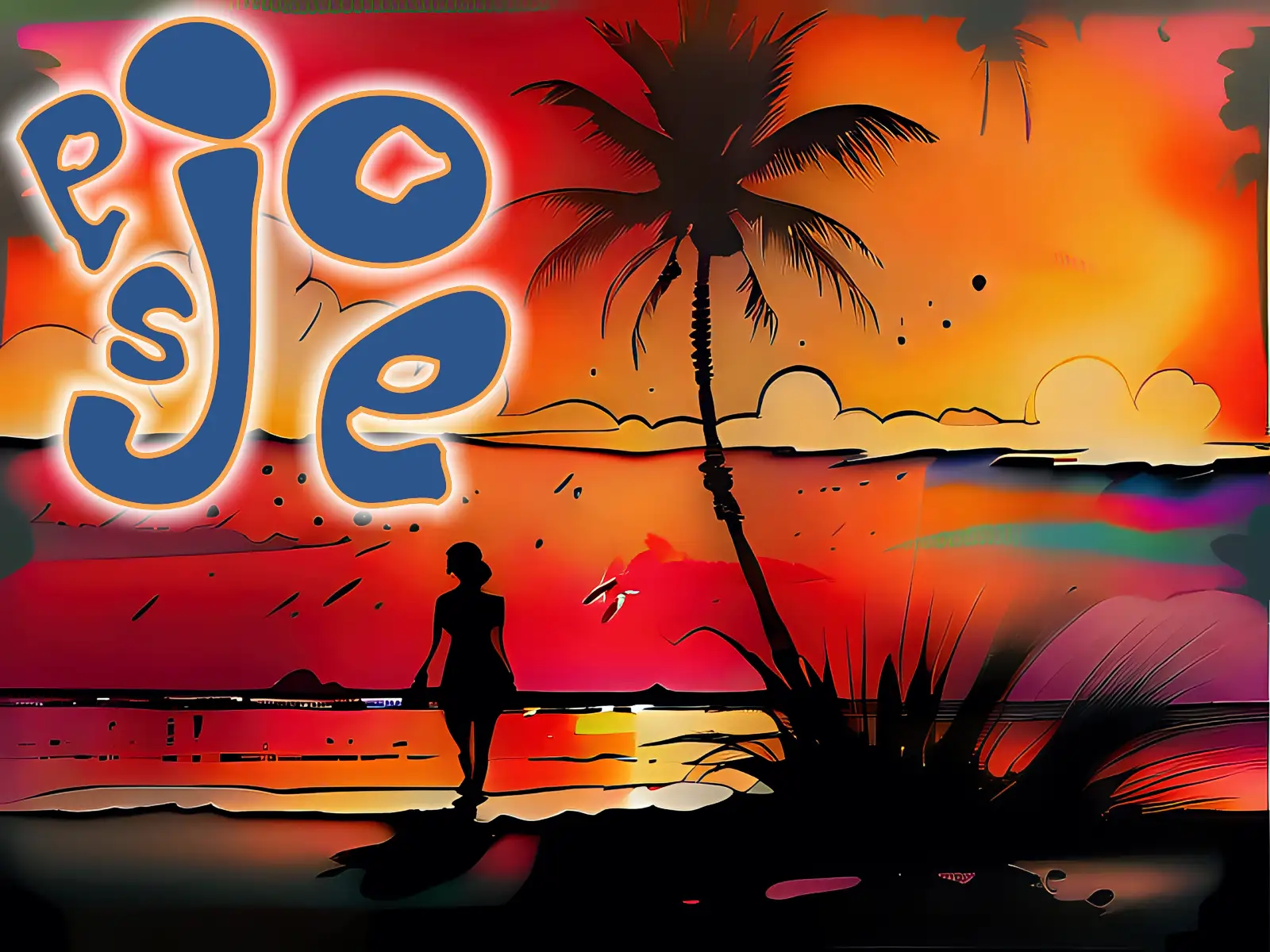 Logo with silhouette of a woman at sunset with palm tree